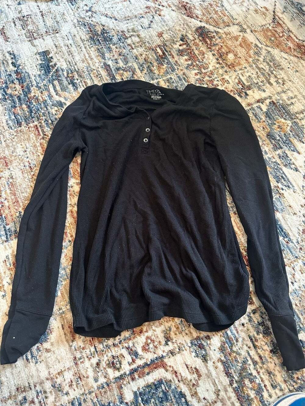 Time and Tru Black Ribbed Long Sleeve Henley Top Size L (12-14)